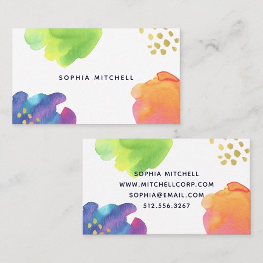 カラフルは金ゴールドの水彩画を抽出します 名刺 (正面/裏面)
