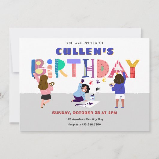 カラフルよくはしゃぐ絵を描おもしろい誕生日 招待状 (正面)