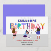 カラフルよくはしゃぐ絵を描おもしろい誕生日 招待状 (正面/裏面)