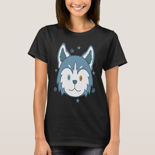 カラフルアイカラーのハスキーのそり犬 Tシャツ (正面)