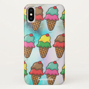 カラフルアイスクリームコーン ガーリーな世界 - 名前入りカスタムデザイン iPhone X ケース