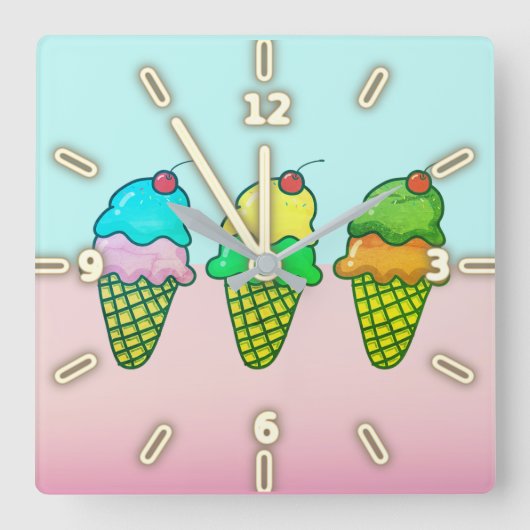 カラフルアイスクリームコーン スクエア壁時計 (正面)