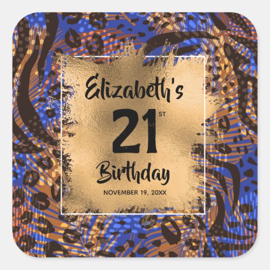 カラフルアニマルプリント21歳パーソナライズされた誕生日 スクエアシール (正面)