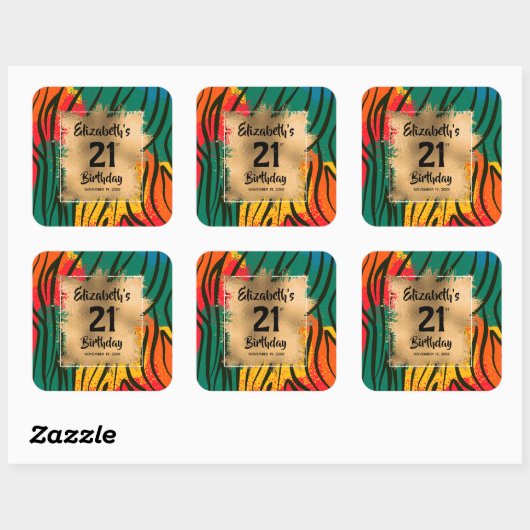 カラフルアニマルプリント21歳パーソナライズされた誕生日 スクエアシール (シート)
