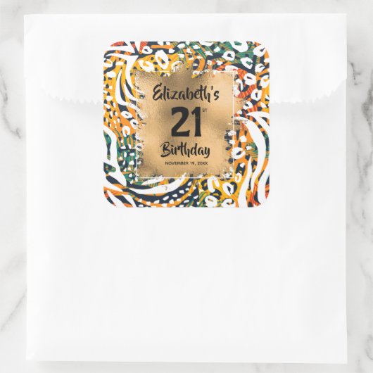 カラフルアニマルプリント21歳パーソナライズされた誕生日 スクエアシール (バッグ)