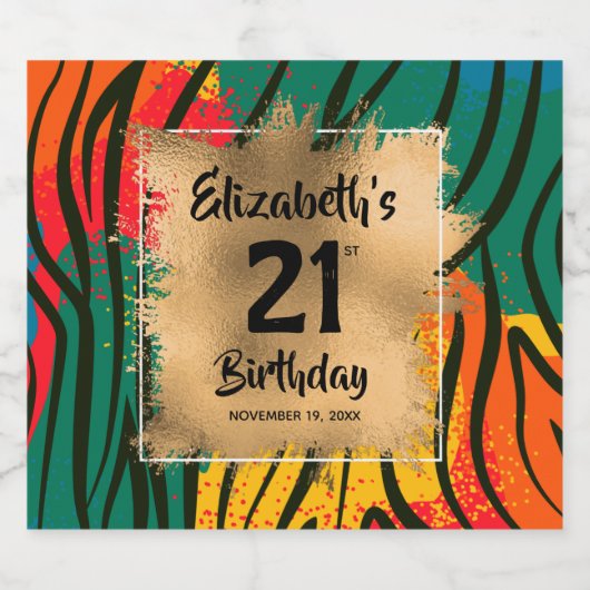 カラフルアニマルプリント21歳パーソナライズされた誕生日 スパークリングワインラベル (シングルラベル)