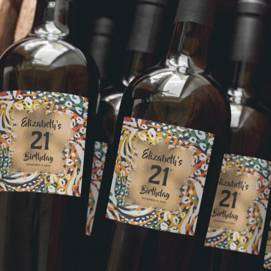 カラフルアニマルプリント21歳パーソナライズされた誕生日 ワインラベル