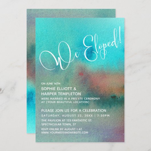 カラフルアブストラクトウォーターカラー私たちはこっそり結婚しましたスクリプト 招待状 (正面/裏面)