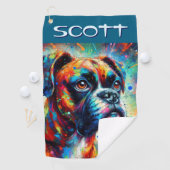 カラフルアポップ・アートのートボクサードッグパーソナライズされたティール(緑がかった色)ブルー ゴルフタオル (インサイチュ)