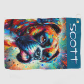 カラフルアポップ・アートのートボクサードッグパーソナライズされたティール(緑がかった色)ブルー ゴルフタオル (横)