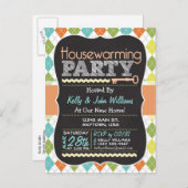 カラフルアーガイルChalkboard引っ越し祝いパーティーパーティー インビテーションポストカード (正面/裏面)