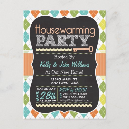 カラフルアーガイルChalkboard引っ越し祝いパーティーパーティー インビテーションポストカード (正面)