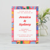 カラフルアートモダン抽象芸術赤結婚図形 招待状 (スタンド正面)