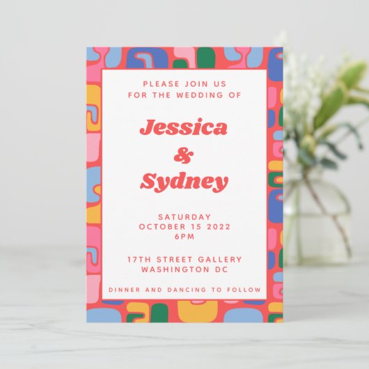 カラフルアートモダン抽象芸術赤結婚図形 招待状 (スタンド正面)