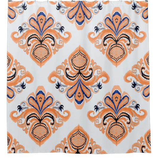 カラフルイカットパターンのヴィンテージスタイル。エレガント シャワーカーテン (正面)