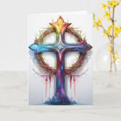 カラフルイバラの冠を覆うキリスト教の十字架 カード (黄色い花)