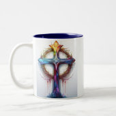 カラフルイバラの冠を覆うキリスト教の十字架 ツートーンマグカップ (左)