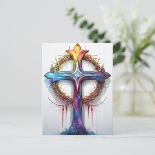 カラフルイバラの冠を覆うキリスト教の十字架 ポストカード (スタンド正面)