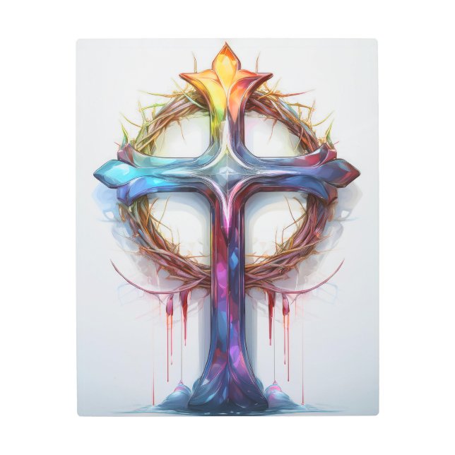 カラフルイバラの冠を覆うキリスト教の十字架 メタルプリント (正面)