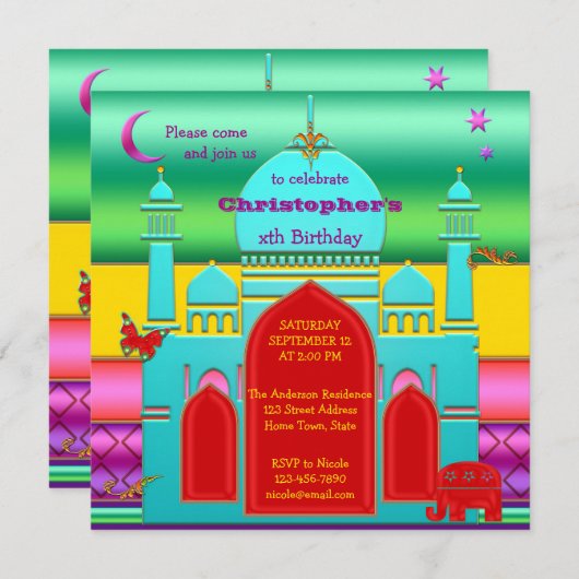 カラフルインディアンファンタジー子供の誕生日招待状 招待状 (正面/裏面)
