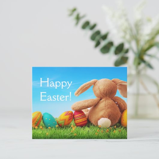 カラフルイースターの卵とウサギ シーズンポストカード (スタンド正面)