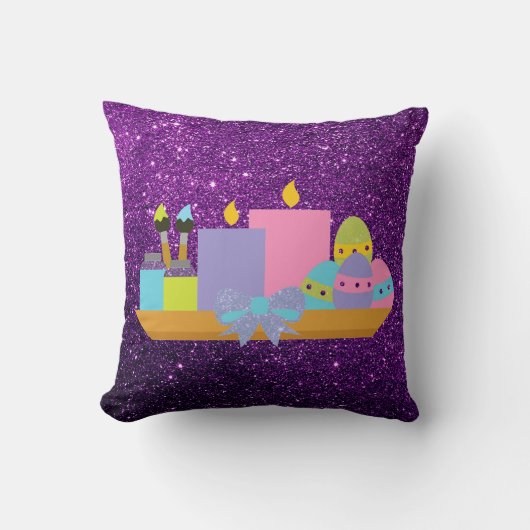 カラフルイースターエッグ&キャンドルパープルフェイクグリッター クッション (正面)