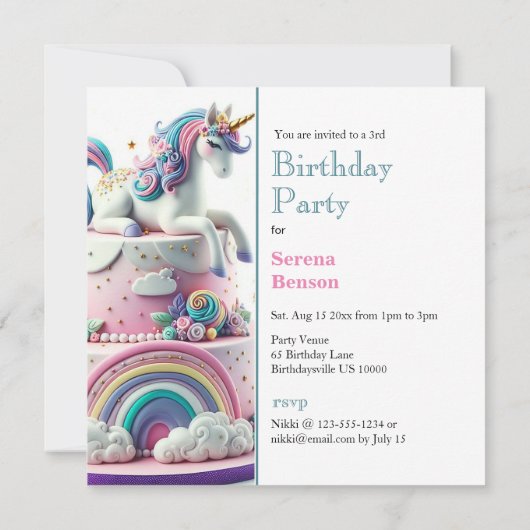 カラフルウィミカルレインボーズ&ユニコーン誕生日 招待状 (裏面)