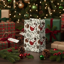 カラフルウィンターパーチレッド（鳥）ショウジョウコウカンチョウ&パインコーン スモールペーパーバッグ