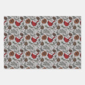 カラフルウィンターパーチレッド(鳥)ショウジョウコウカンチョウ&パインコーン ラッピングペーパーシート (正面3)