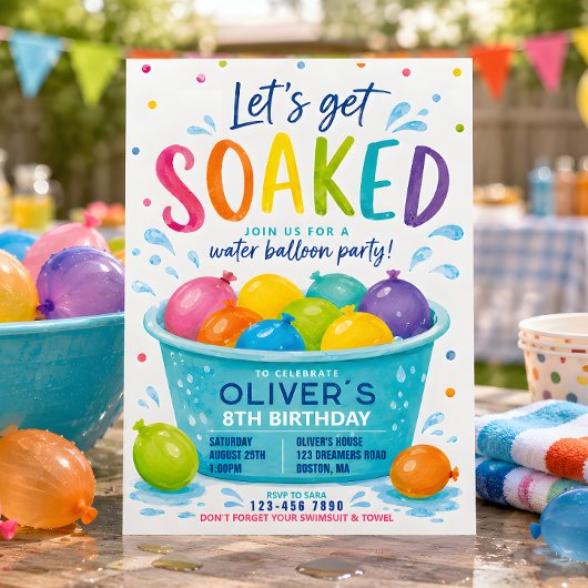 カラフルウォーターバルーン 誕生日パーティー Let's Get Soaked 招待状