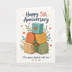 カラフルウッドブロック フローラル 5th 結婚記念日 カード
