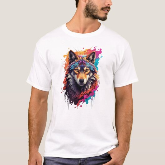 カラフルウルフの肖像画抽象的なアニマルアート-87694 Tシャツ (正面)