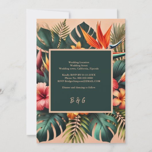 カラフルエキゾチック熱帯ハワイアン結婚フローラ 招待状 (裏面)