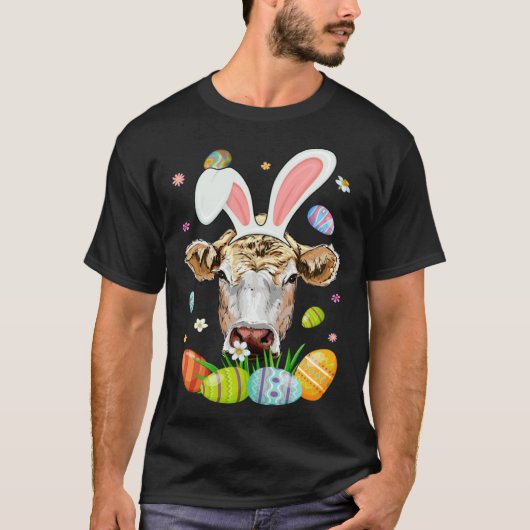 カラフルエッグとウサギの耳のかわいい牛の顔 イースター Tシャツ (正面)