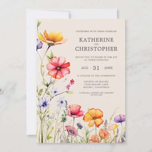 カラフルエレガント野の花ベージュ結婚の 招待状 (正面)