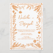 カラフルオレンジの手描き花柄オールインワン結婚式 招待状 (正面)