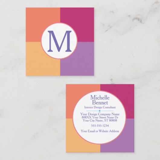 カラフルカスタムモダンイニシャル スクエア名刺 (正面/裏面)