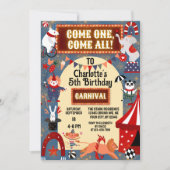 カラフルカーニバルサーカス白熱［赤熱］光を放つバースデーパーティー 招待状 (正面)