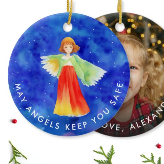 カラフルガーディアン・エンジェルの水彩写真 セラミックオーナメント