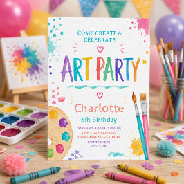 カラフルキッズアートパーティー 6歳の誕生日お絵かき 招待状