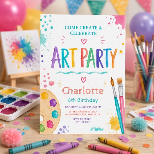 カラフルキッズアートパーティー 6歳の誕生日お絵かき 招待状