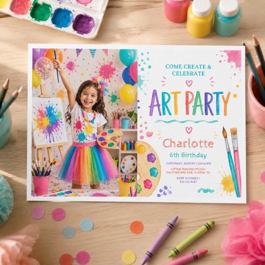 カラフルキッズアートパーティー 6歳の誕生日アート 招待状