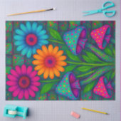 カラフルキノコとデイジーキルテッドパターン 薄葉紙 (クラフト)