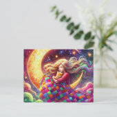 カラフルキルト眠る女の子&三日月 ポストカード (スタンド正面)