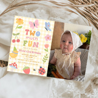 カラフルギンガムチェックの女の子 2歳の誕生日写真 招待状