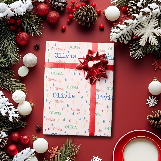 カラフルクリスマスの繰り返し名パーソナライズされた ラッピングペーパー