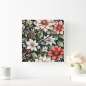 カラフルクリスマスの花エレガント黒 スクエア壁時計 (ホーム)