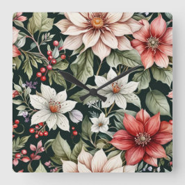 カラフルクリスマスの花エレガント黒 スクエア壁時計