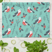カラフルクリスマスの鳥と冬の葉のパターン キッチンタオル (折り畳み)
