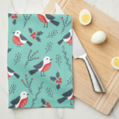 カラフルクリスマスの鳥と冬の葉のパターン キッチンタオル (四つ折り)